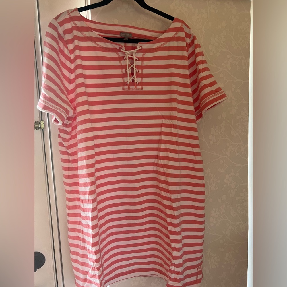 Talbots  Coral Pink & White Striped Lace-Up Tunic